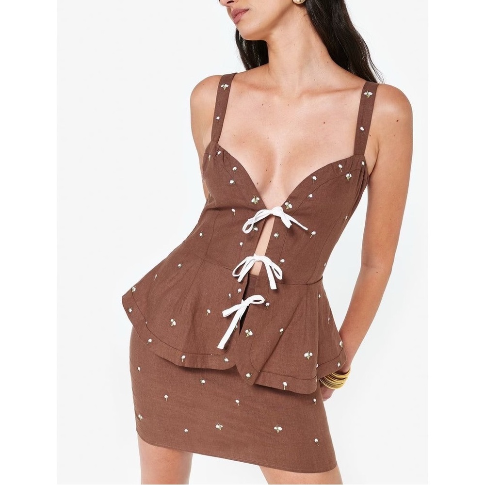 Fanm Mon NWT Helaina Floral Embroidered Bow Front Sweetheart Mini Dress Medium